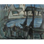 Figures and buildings with water, oil on card, bearing an indistinct signature, framed, 49.5cm x