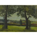 Ruby Wallace - Trees before houses, oil on canvas, mounted and framed, 54cm x 39.5cm : For Extra