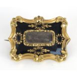 Victorian unmarked gold black enamel mourning brooch, engraved M Fowler Oct .6.1890, 3cm in