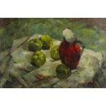 After Duncan Grant - Still life red jug with five apples, oil on board, framed, 46.5cm x 32.5cm :