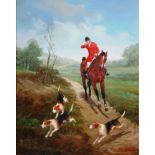 B Lander - Huntsman with hounds, oil on panel, mounted and framed, 24cm x 19cm : For Extra Condition