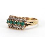 9ct gold green and clear stone three row ring, size O, approximate weight 3.5g : For Extra Condition