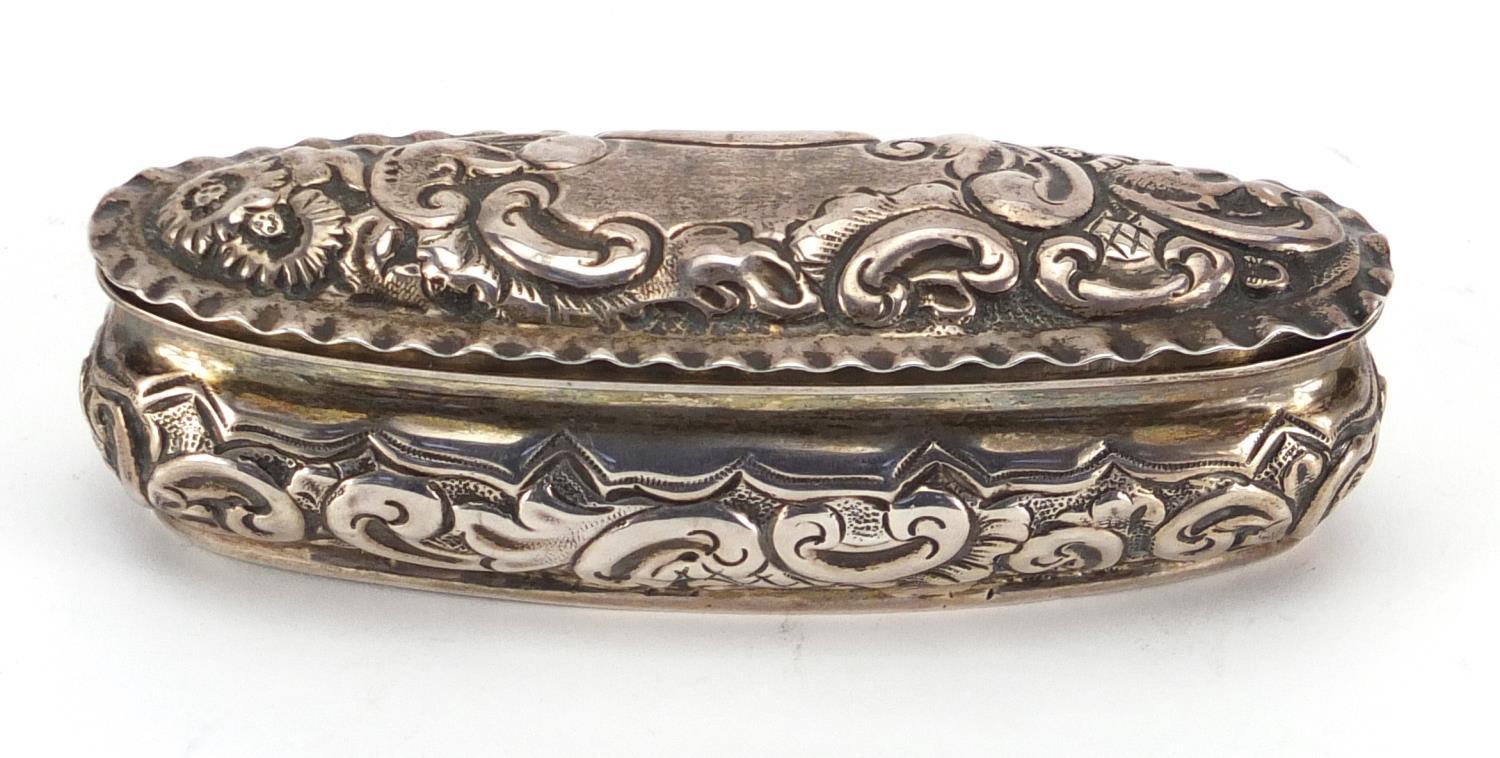 Victorian oval silver box, with embossed decoration and hinged lid, indistinct markers mark - Image 2 of 7