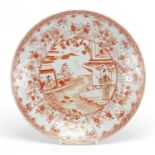Chinese porcelain shallow dish, hand painted in iron red with figures and flowers, 21.5cm in