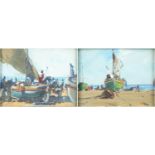 Figures and fishing boats, pair of Maltese oil on canvas boards, one with label verso, framed,