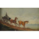 Horse drawn carriage beside the sea, 19th century continental school oil on canvas, inscribed verso,