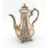 Victorian silver coffee pot, with ivory banded handle, floral knop, engraved with flowers and