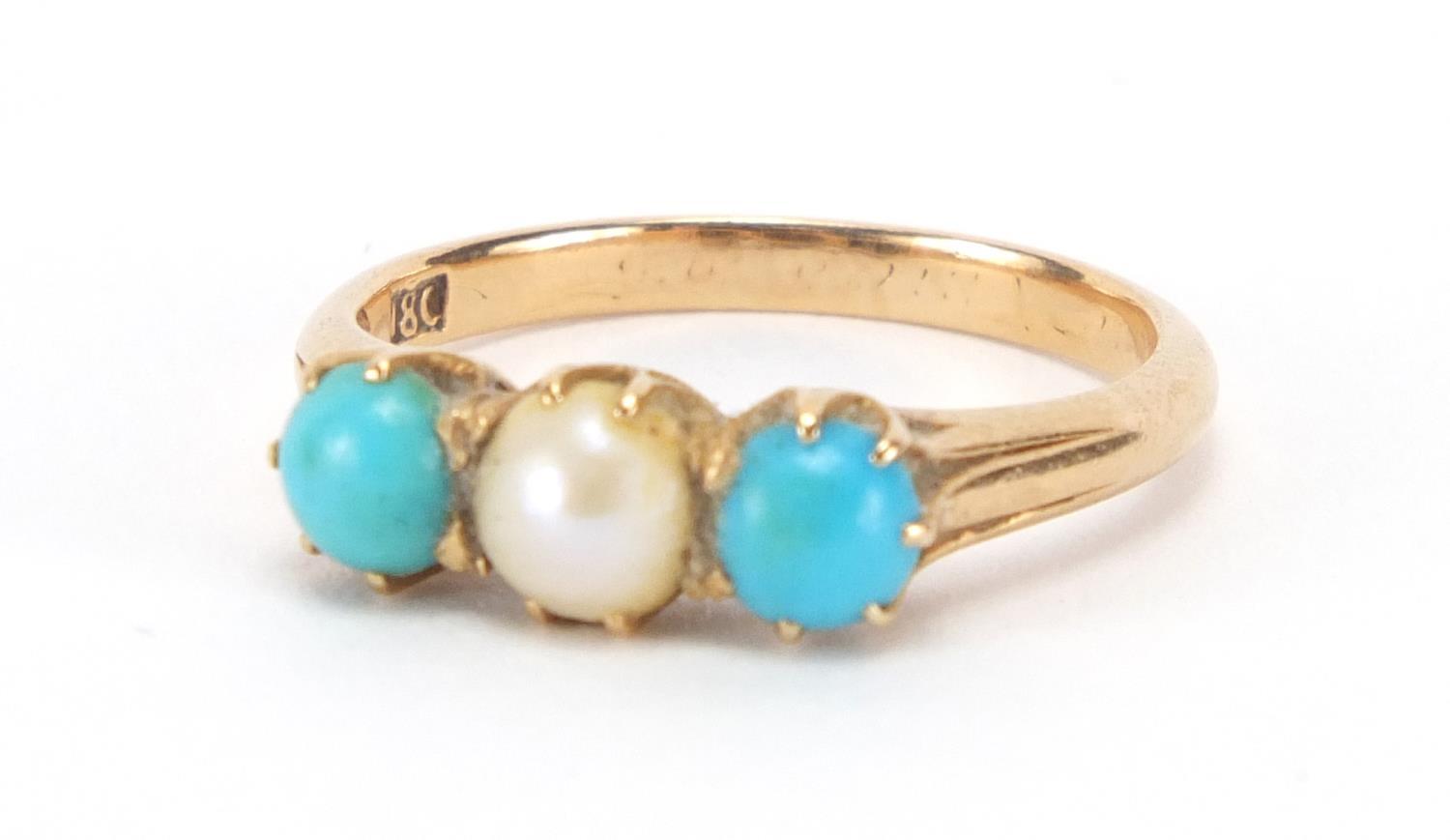 18ct gold pearl and turquoise ring, size M, approximate weight 3.3g : For Extra Condition Reports