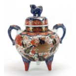 Japanese Imari porcelain Koro and cover with twin handles, hand painted with flowers, 31cm high :