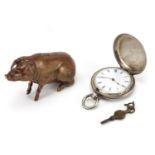 Bronze model of a seated pig and a silver full hunter pocket watch with engine turned decoration :