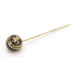 Victorian unmarked gold and tortoiseshell piquet work tie pin, housed in a Victorian tooled