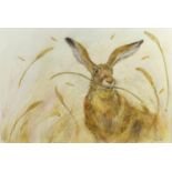 Kate Wyatt - Portrait of a hare, mixed media, label verso, mounted and framed 54cm x 35.5cm : For