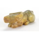 Chinese green and russet jade carving of a buffalo, 9.5cm in length : For Extra Condition Reports