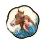 Norwegian silver and guilloche enamel brooch by Gustav Gaudernack, enamelled with a female on horse,