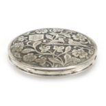 Continental circular silver compact, the hinged lid embossed with birds amongst flowers, impressed