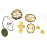 Victorian and later brooches including carved ivory and hard stone, the largest 5.5cm wide : For