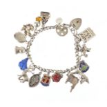 Silver charm bracelet with a selection of mostly silver charms including hard stone fob, kingfisher,
