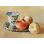 Pamela Kay - White peaches and a tea bowl, watercolour, Nevill Gallery labels and receipt for £