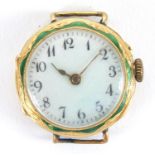 Continental 18ct gold and enamel ladies wristwatch, the case set with diamonds, 2.5cm in diameter,