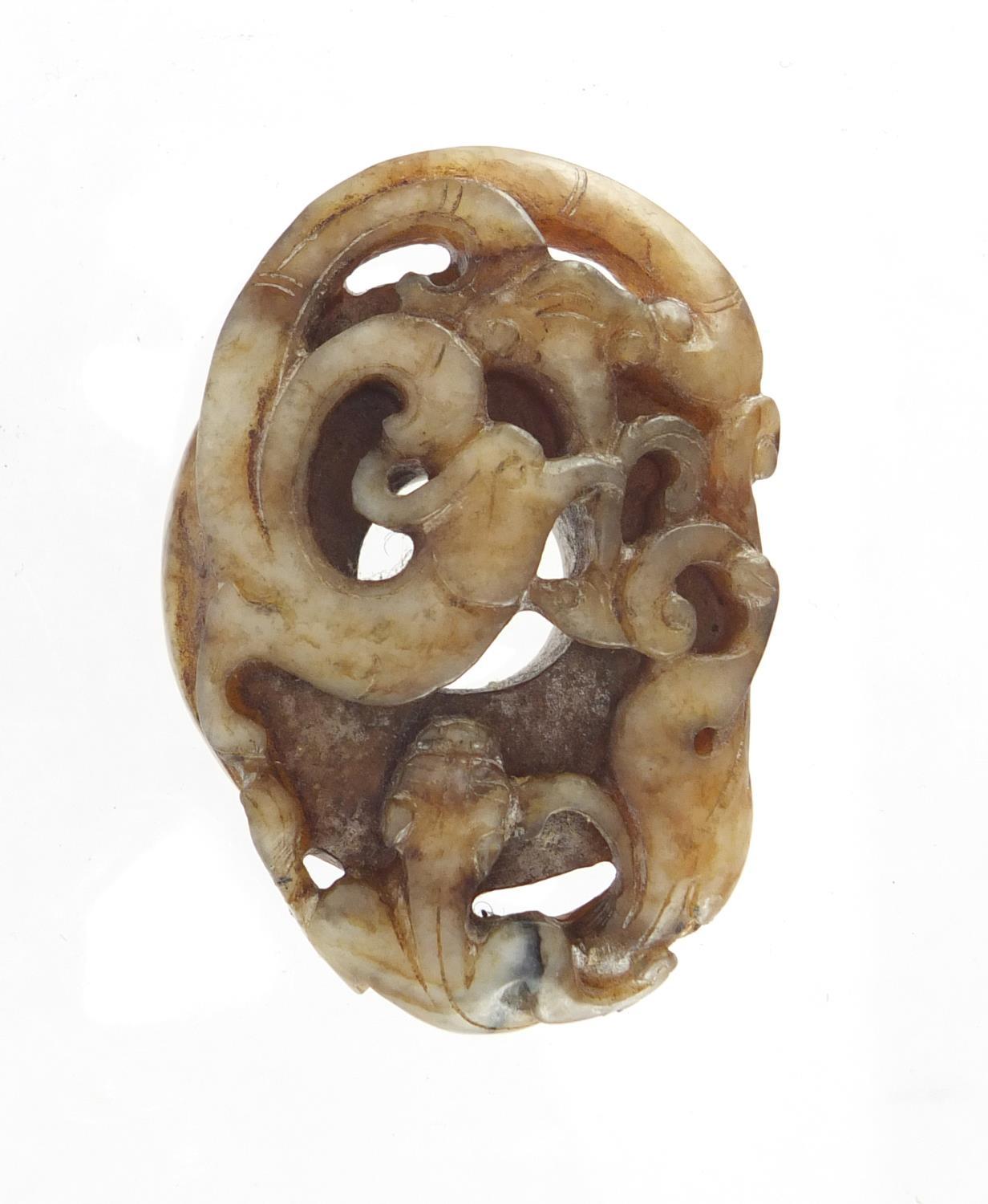 Chinese green and russet jade carving of a water dragon and bird, 5.5cm wide : For Extra Condition