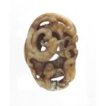 Chinese green and russet jade carving of a water dragon and bird, 5.5cm wide : For Extra Condition