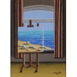 Artists easel with canvas before a window, gouache on card, bearing a signature Magritte, mounted