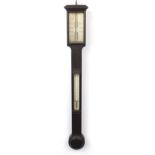 Georgian oak stick barometer by Negretti & Zambra of London with ivory dials, 97cm high : For