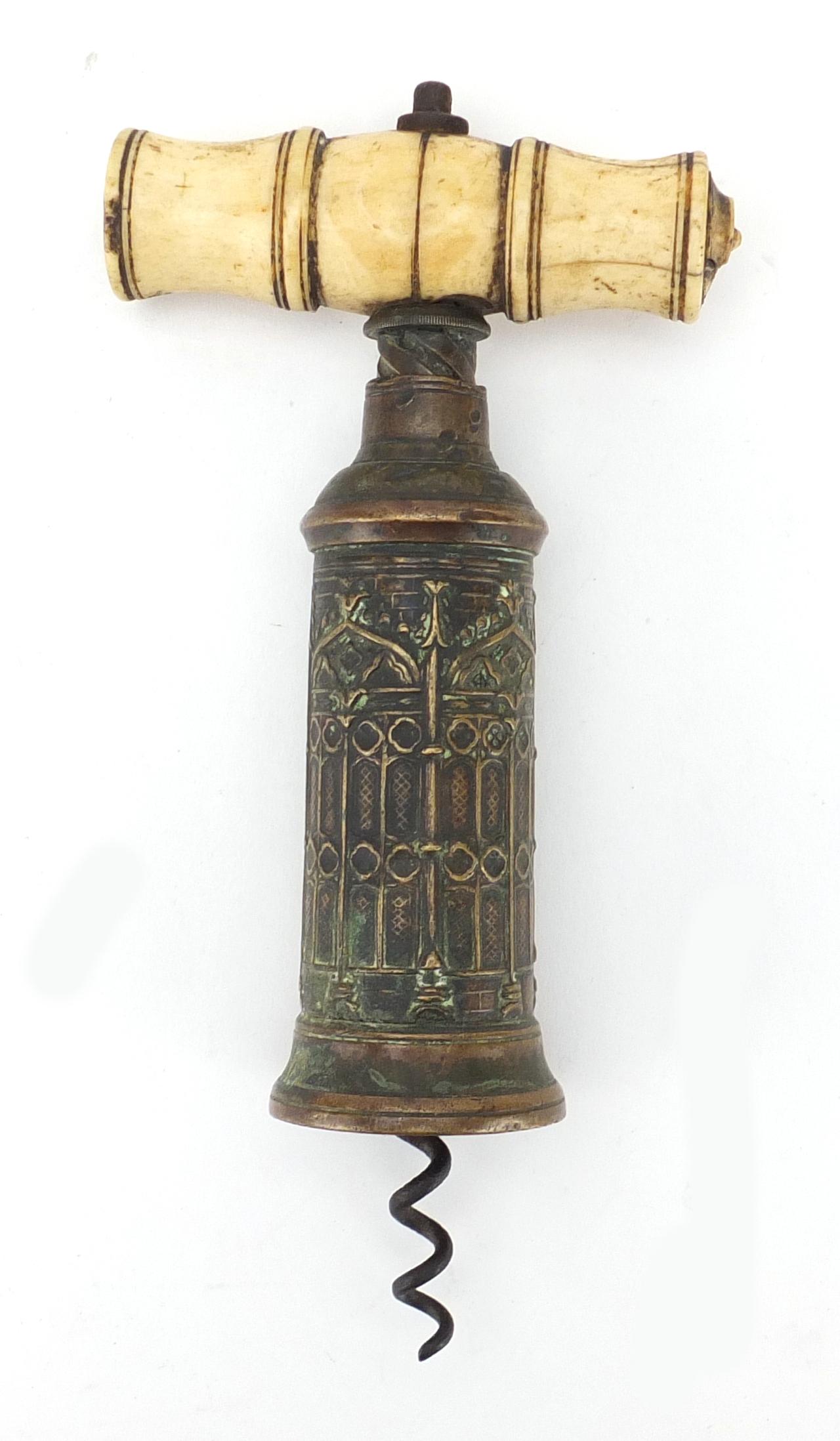 19th century Thomason brass corkscrew, with Gothic barrel, turned ivory handle and steel worm, 17.