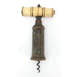 19th century Thomason brass corkscrew, with Gothic barrel, turned ivory handle and steel worm, 17.