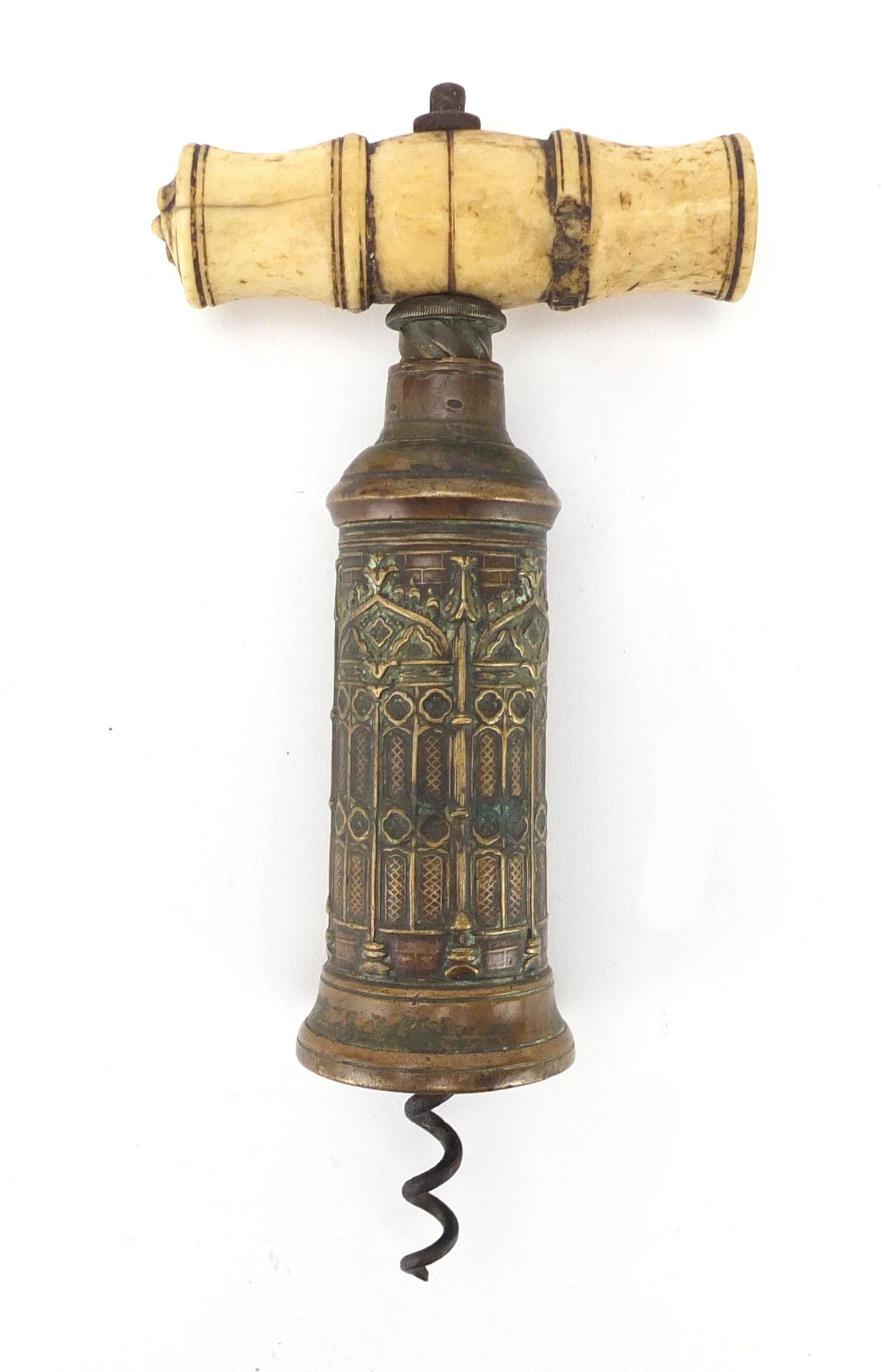 19th century Thomason brass corkscrew, with Gothic barrel, turned ivory handle and steel worm, 17. - Image 4 of 8