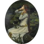 Portrait of a female before lily pads, oval Pre-Raphaelite style oil on board, bearing a monogram