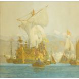 Norman Wilkinson - Battleships on calm sea, pencil signed print framed, 33.5cm x 33cm : For Extra