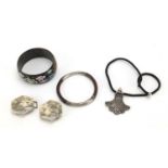 Jewellery including a Japanese Satsuma buckle, cloisonné bangle and silver mounted bangle : For