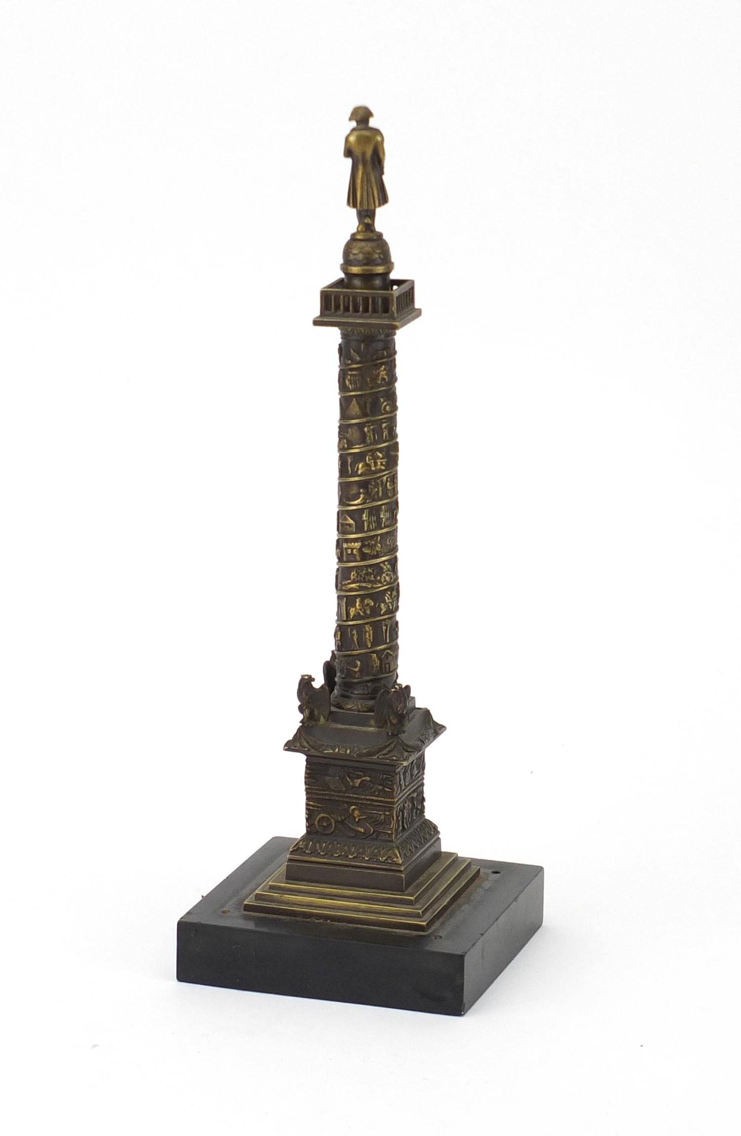 19th century Grand Tour patinated bronze model of Vendome column, raised on a square black slate - Image 5 of 6