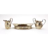 Silver three piece cabaret set, engraved with swags and bows, various Chester hallmarks, the tray