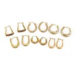Six pairs of 9ct gold hoop earrings, the largest 2cm in length, approximate weight 6.4g : For