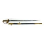 British Military Naval sword by Cieve Matthews, with scabbard, wire bound shagreen grip and etched