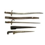 Two Military interest long bayonets and an Afghan dagger with scabbard, the largest 74cm in length :