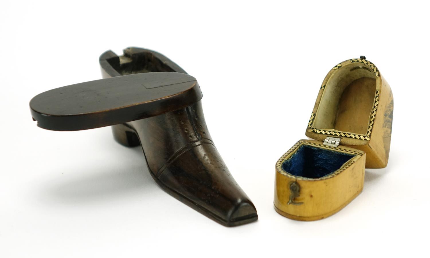 19th century rosewood shoe snuff box and a Mauchline Ware thimble case, decorated with The Tower - Image 2 of 5