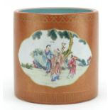 Chinese porcelain cylindrical brush pot, hand painted in the famille rose palette with two panels of