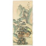 Chinese scroll hand painted with a gentlemen gathering in a pagoda amongst pines, with script and