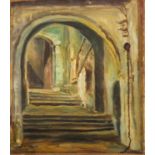 City door, oil on paper laid on board, bearing an indistinct signature to the lower left,