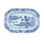Chinese blue and white porcelain shallow dish, hand painted with a river landscape, 25.5cm wide :
