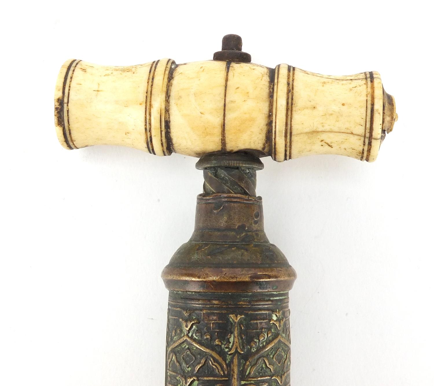 19th century Thomason brass corkscrew, with Gothic barrel, turned ivory handle and steel worm, 17. - Image 2 of 8