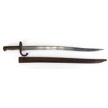 19th century French Military interest St Etienne long bayonet with scabbard, impressed numbers, 70.