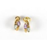 Pair of 9ct gold aquamarine and amethyst earrings, 1.5cm in length, approximate weight 2.2g : For