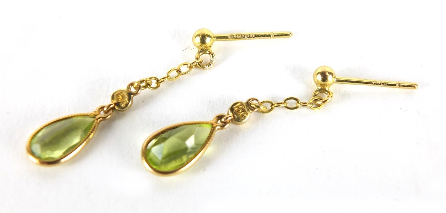 Pair of 9ct gold peridot and seed pearl drop earrings, 3cm in length, approximate weight 1.1g : - Image 3 of 3