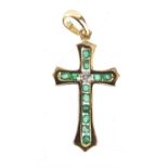 9ct gold emerald and diamond cross pendant, 2.5cm in length, approximate weight 1.2g : For Extra
