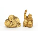Two Japanese carved ivory Netsukes of fisherman, the largest 4cm high : For Extra Condition