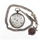 Gentleman's silver James Reid open face pocket watch, with silver watch chain and sports jewel,